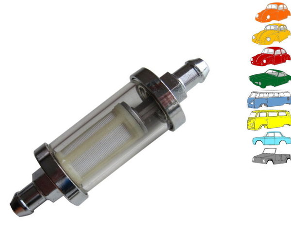 Kraftstofffilter - Benzinfilter - Chrom/Glas - auswaschbar -  Ø Schlauchanschlussstutzen 8,1 -9,5 mm